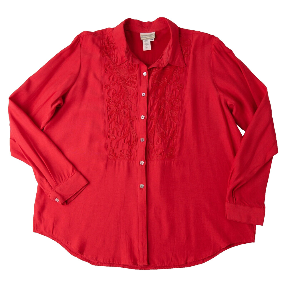 Coldwater Creek Womens XL Red Embroidered Rayon Shirt Long Sleeve Romantic Artsy